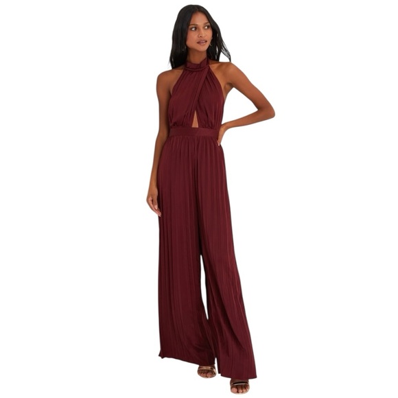 Lulus Confident Impression Burgundy Satin Pleated Halter Jumpsuit - Picture 1 of 8